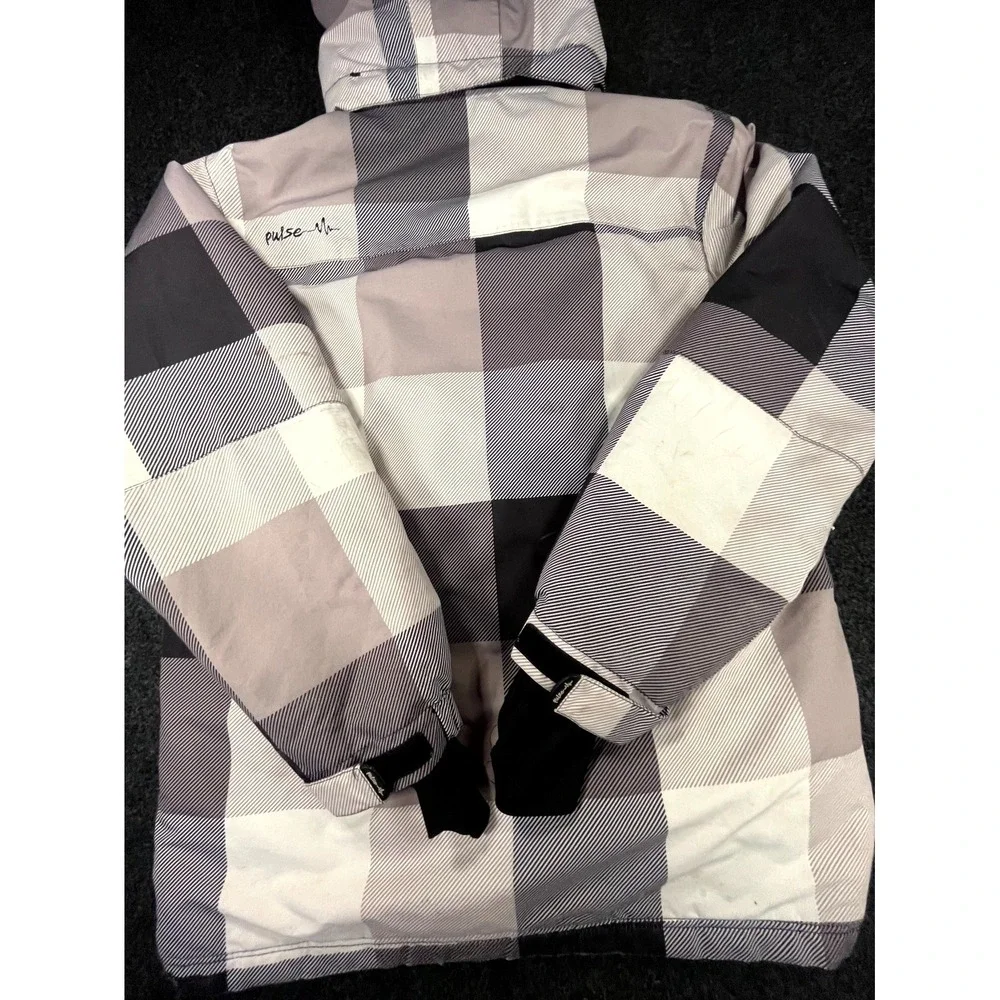 Pulse Winter Ski Jacket Youth Large 16 18 Gray Black Plaid Pockets Hooded Coat